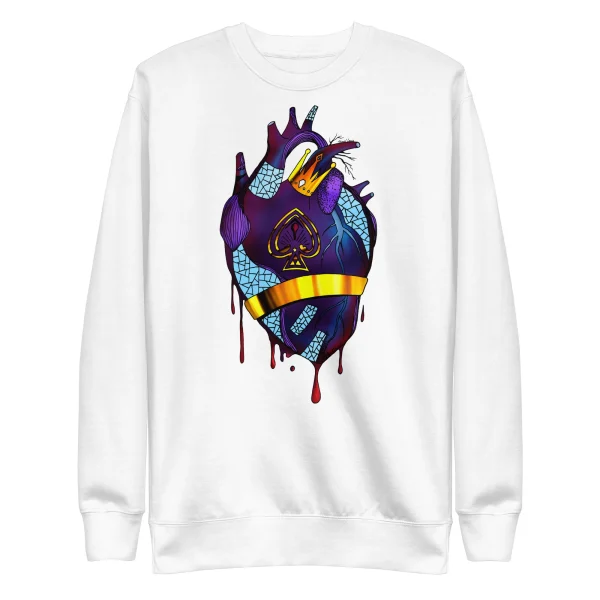 White royal heart sweatshirt featuring an intricate heart illustration with purple, gold, and blue details