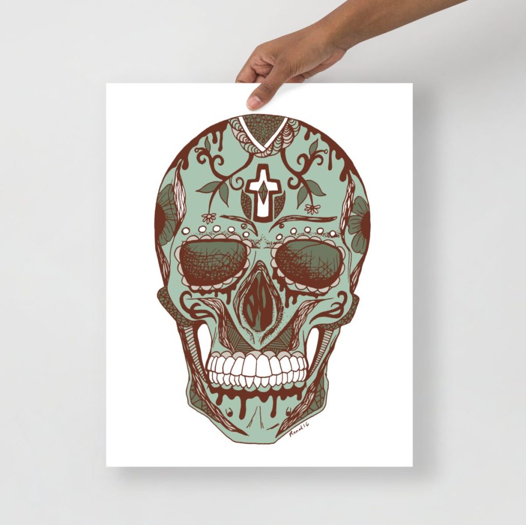 Day of the Dead skull Los Muertos celebration illustrated in sage green art prints
