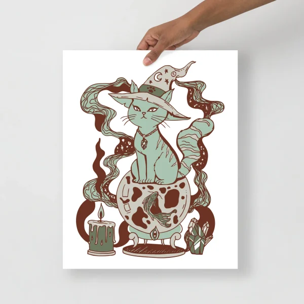 Sage green cat art print featuring a mystical feline wearing a hat surrounded by celestial symbols, candles, and decorative elements in earthy tones.
