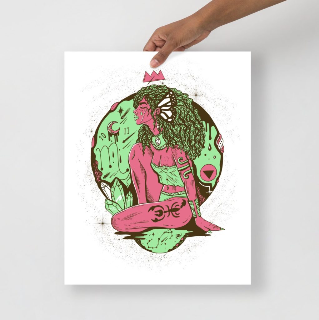 Scorpio goddess illustration blending soft pink and green celestial tones