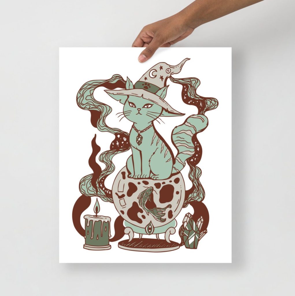 Magical fortune cat illustrated in whimsical sage green wall art print