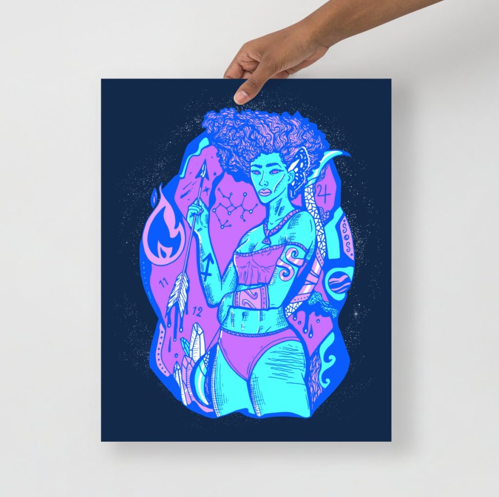 Blue illustrated Sagittarius art print depicting a graceful goddess archer drawing
