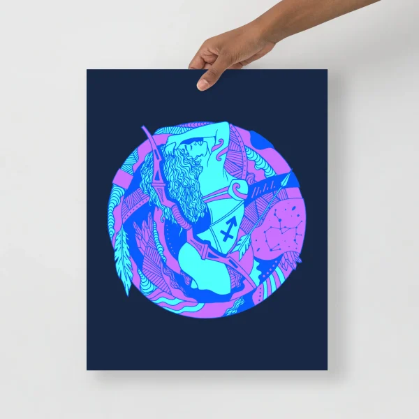 Sagittarius art print featuring a blue neon zodiac archer design with vibrant cyan and magenta geometric patterns on dark background