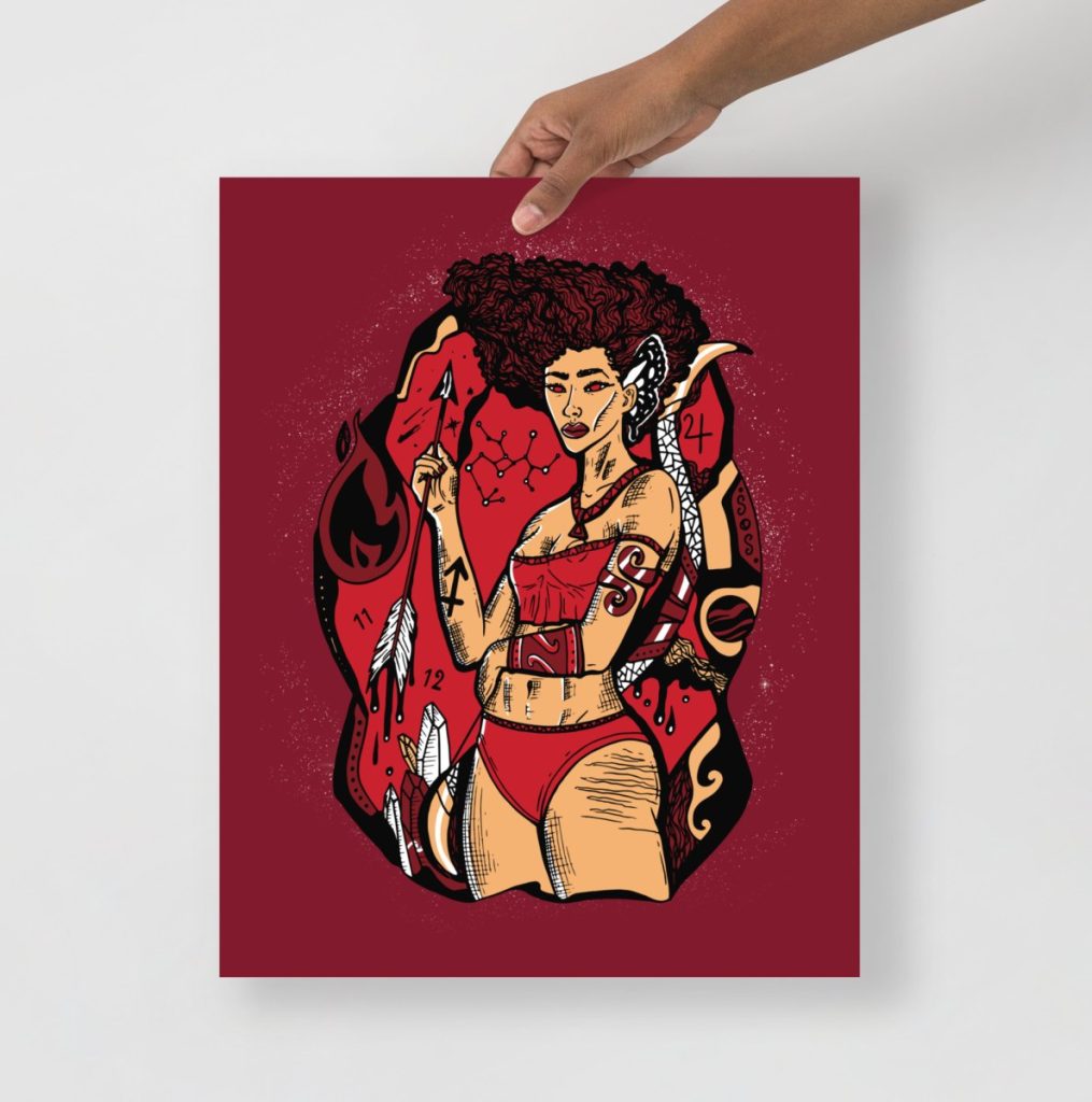 Royal red toned goddess portrait striking Sagittarius themed zodiac wall art
