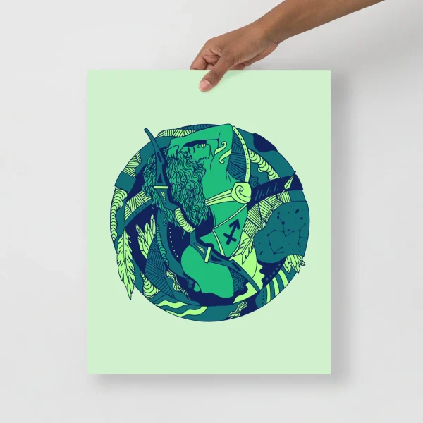 Sagittarius art print featuring a green and navy archer design with intricate linework on a mint background
