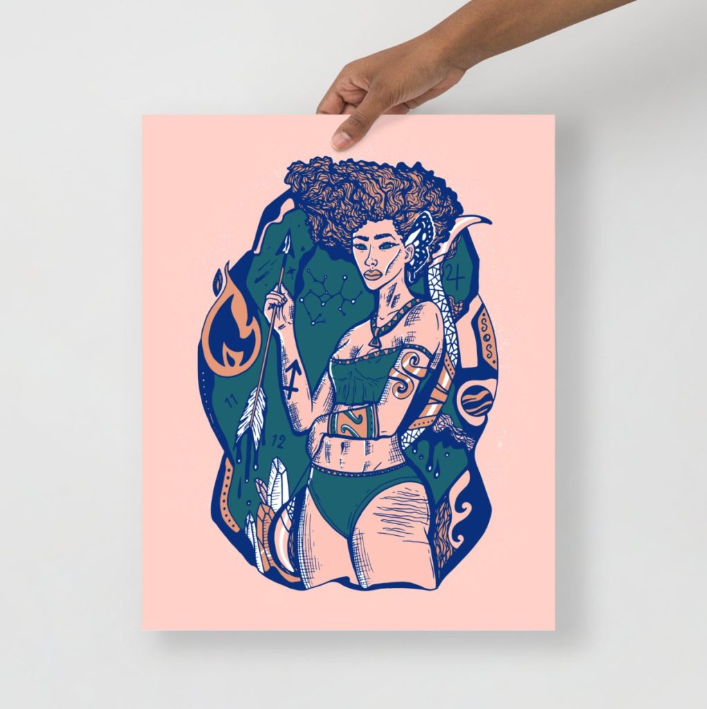 Soft pink zodiac wall art showcasing a beautiful Sagittarius goddess portrait