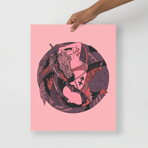 Sagittarius art print featuring an archer zodiac illustration on mauve rose background with intricate line details
