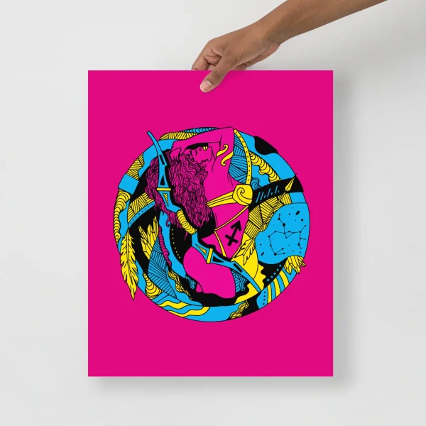 Sagittarius art print featuring a bold archer design in vibrant pink, yellow, blue and black colors on bright magenta background