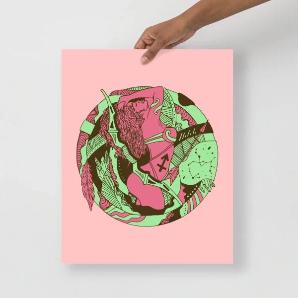 Sagittarius art print featuring an archer zodiac design in pink and green colors on a soft pink background