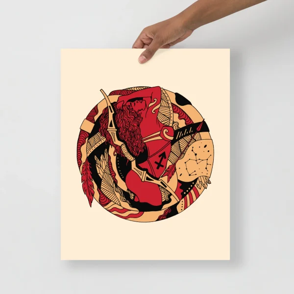 Sagittarius art print featuring bold red archer design with gold and black details on cream background