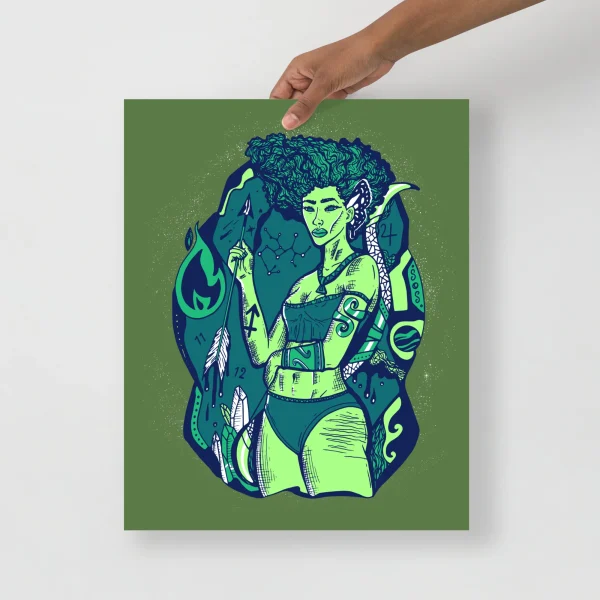 Sagittarius goddess art print featuring a celestial woman with neon lime and teal colors on a vibrant green background.