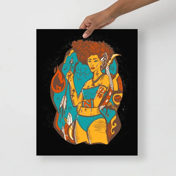 Sagittarius goddess art print featuring a bold figure with orange curly hair, yellow and turquoise body art, holding a flaming arrow against a black background with sparkles.