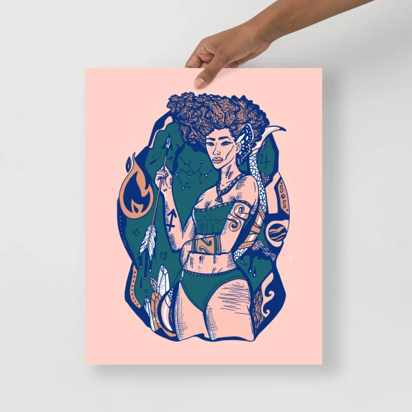 Sagittarius goddess art print featuring a bold illustrated woman with curly blue hair, celestial wings, and mystical tattoos on a soft pink background