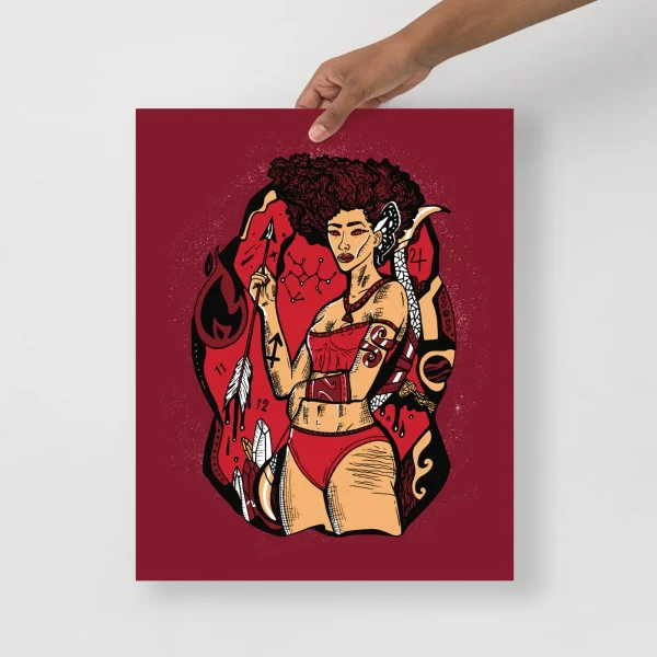 Sagittarius goddess art print featuring a tattooed woman with curly hair in bold red and gold tones on royal red background