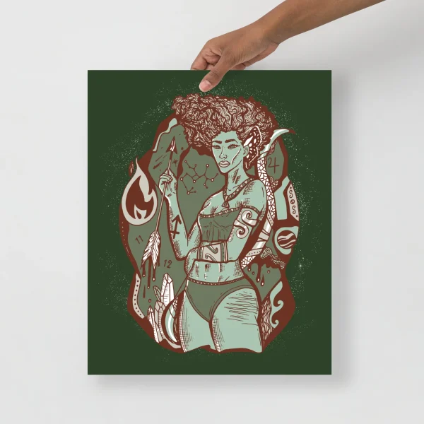 Sagittarius goddess art print on sage green background with rust and cream figure holding celestial map and bow