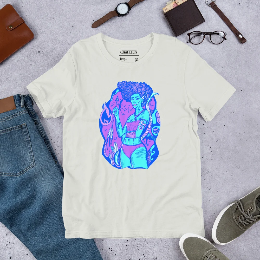 Cream Sagittarius goddess shirt with vibrant blue and pink neon graphic design displayed flat lay