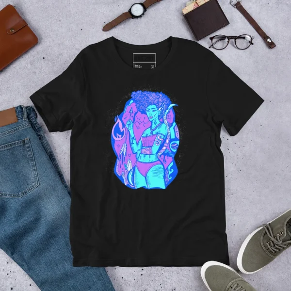 Black sagittarius goddess shirt featuring neon blue and pink glowing artwork on chest with cosmic design