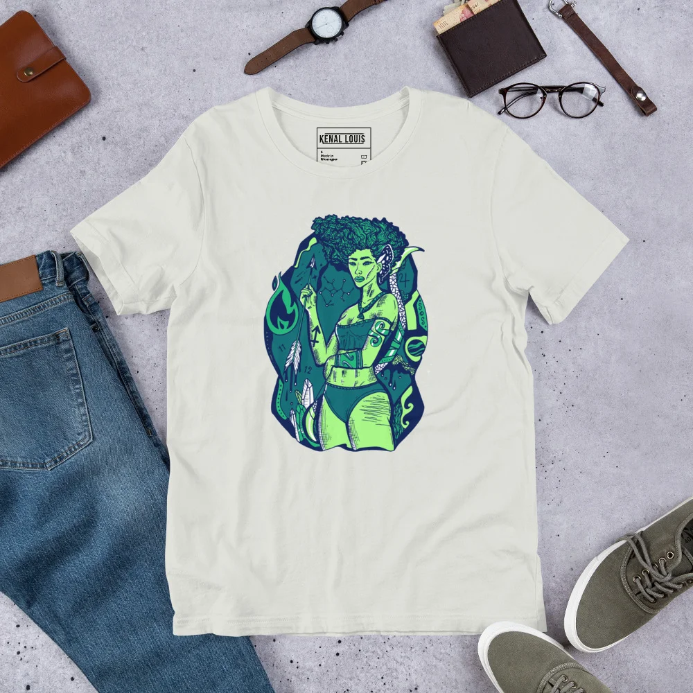 Cream Sagittarius goddess graphic tee with green and neon lime zodiac illustration featuring an archer woman design.