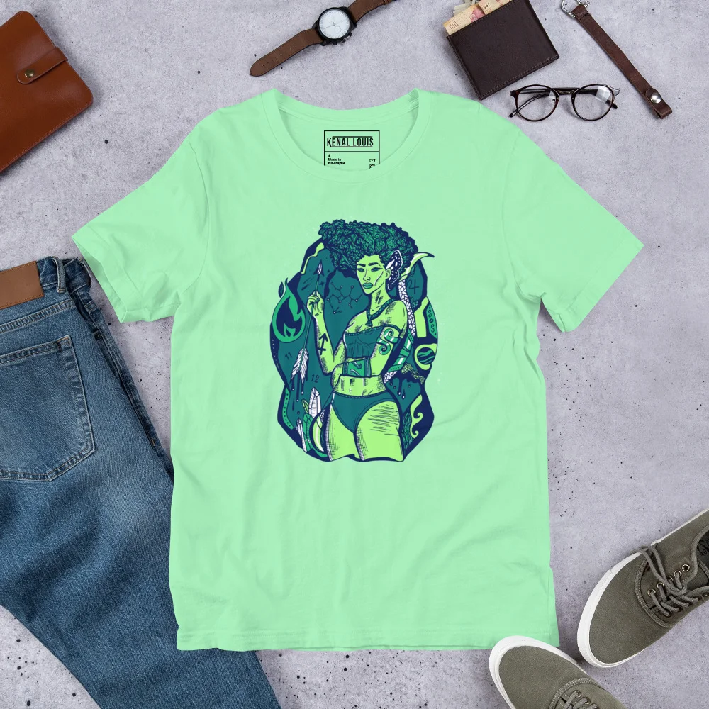 Sagittarius goddess shirt in mint green featuring bold teal and yellow illustration of a female archer figure with cosmic details