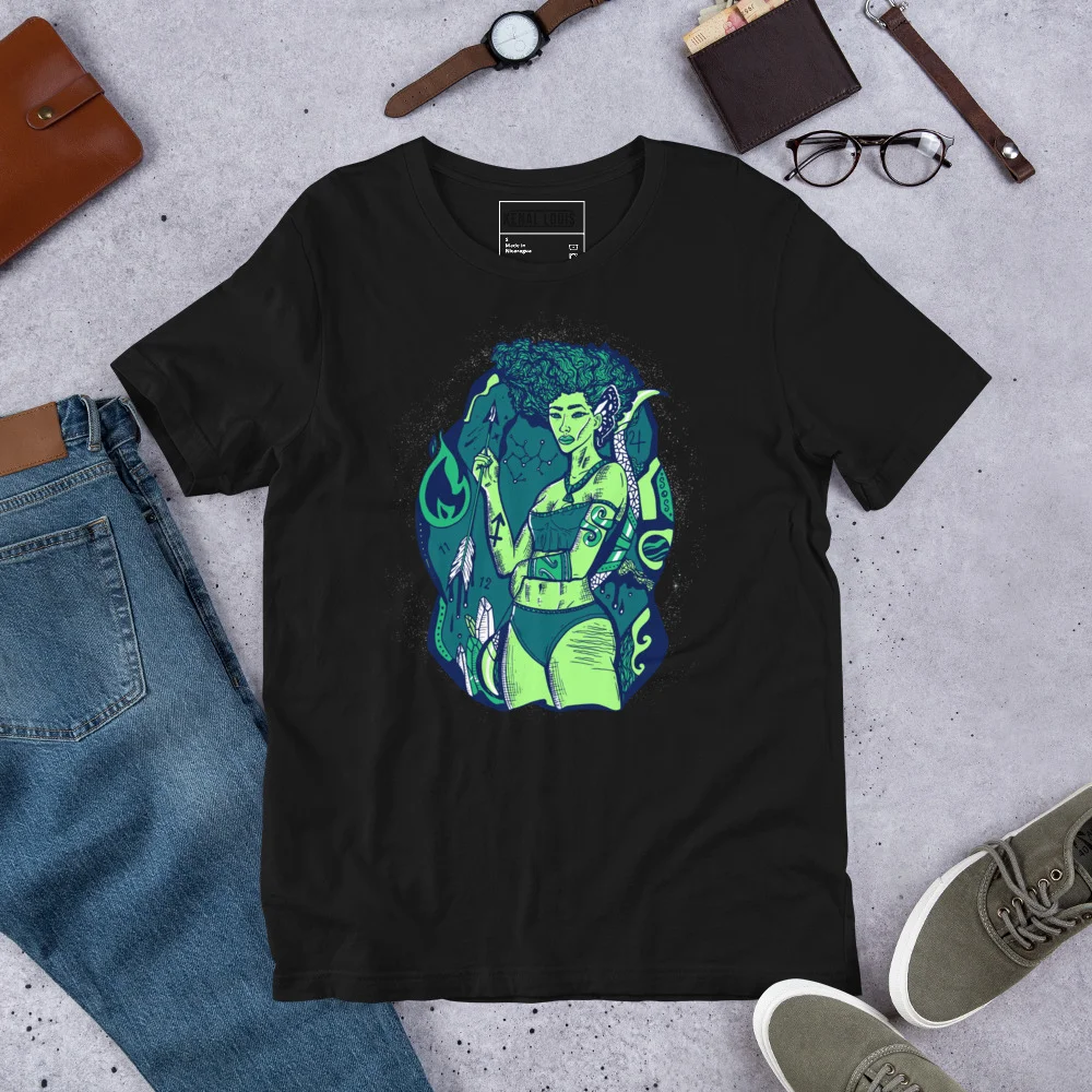 Black Sagittarius goddess shirt with green and yellow zodiac graphic design displayed flat with accessories