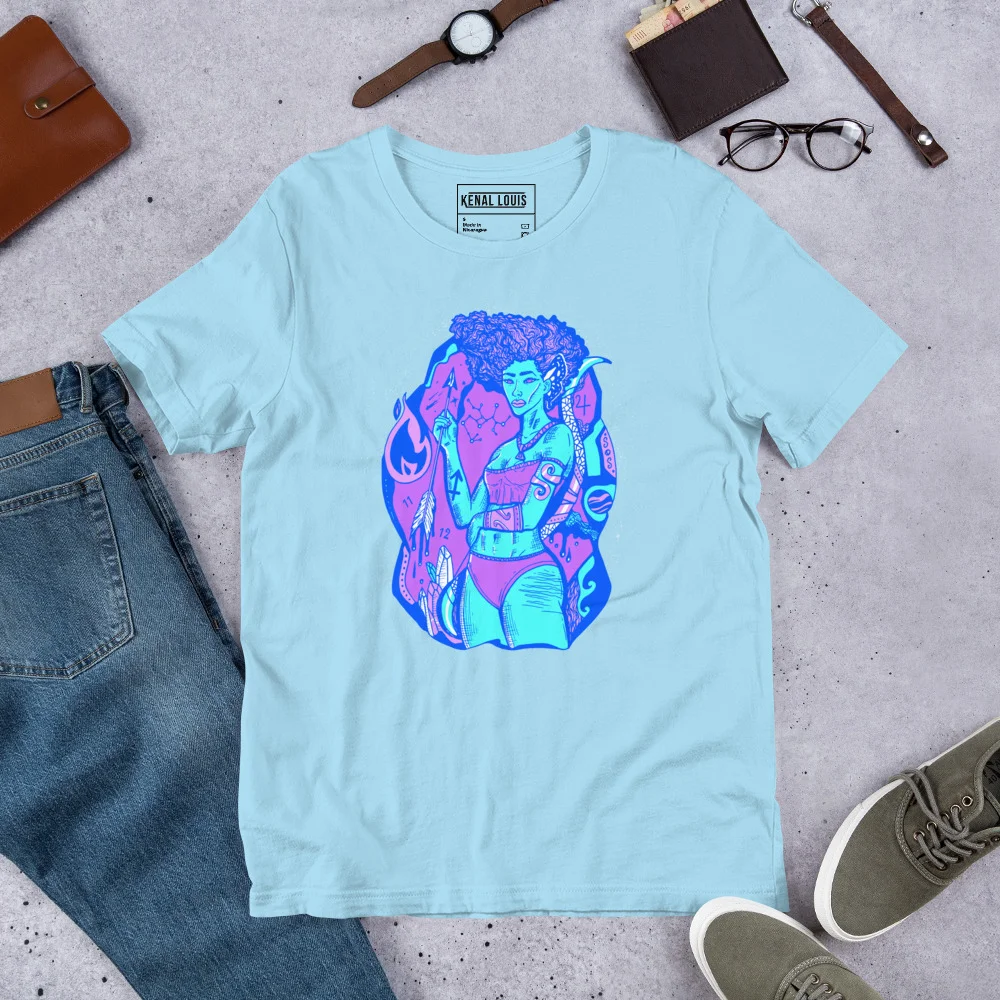 Light blue sagittarius goddess shirt with neon blue and pink zodiac graphic design, displayed flat lay with accessories