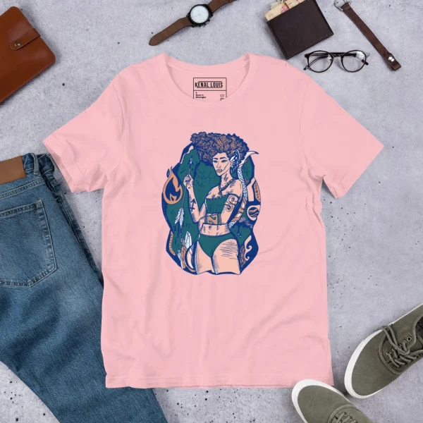 Pink sagittarius goddess shirt with blue and gold zodiac graphic design worn flat lay styled with accessories
