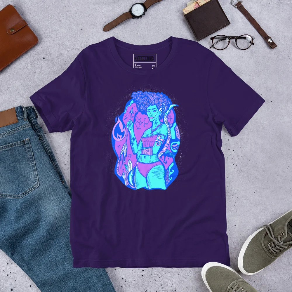 Purple Sagittarius goddess shirt with neon blue and pink goddess graphic design displayed flat lay