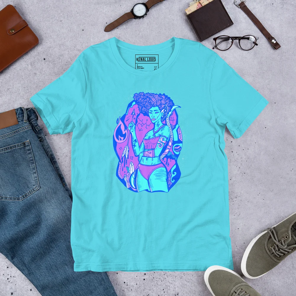 Turquoise sagittarius goddess shirt featuring bold pink and blue zodiac graphic design with archer imagery