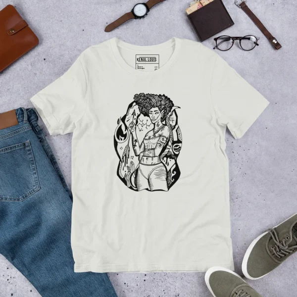 Cream colored sagittarius goddess t-shirt with black artwork displayed flat with accessories
