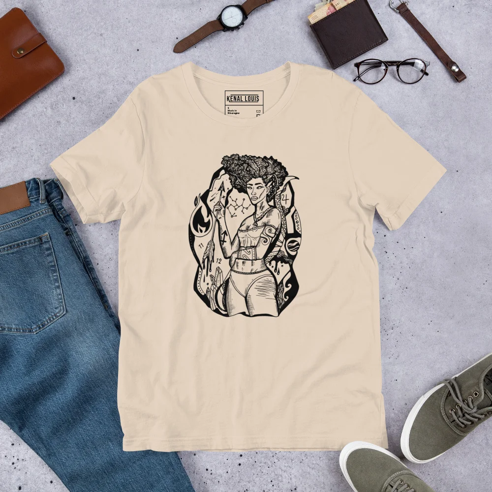 Sagittarius goddess t-shirt in soft cream with black zodiac artwork, displayed flat lay with accessories