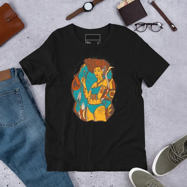 Black sagittarius t-shirt featuring colorful goddess artwork with orange hair and blue accents displayed flat lay.