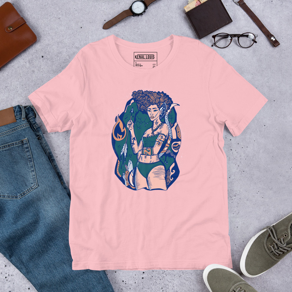 Pink zodiac graphic tee with a feminine sagittarius goddess design in rosy hues