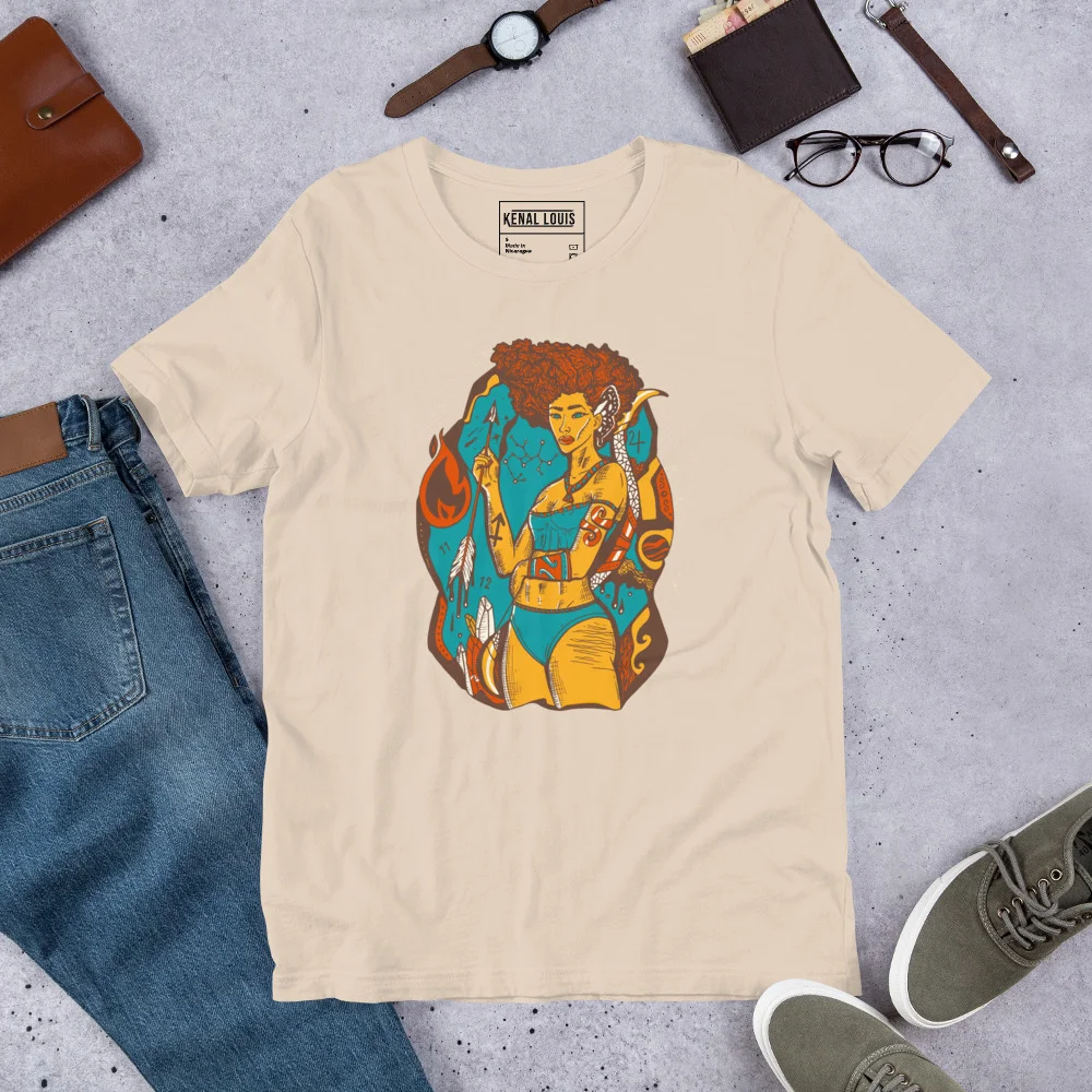 Cream sagittarius t-shirt featuring colorful goddess artwork with turquoise and gold tones on front