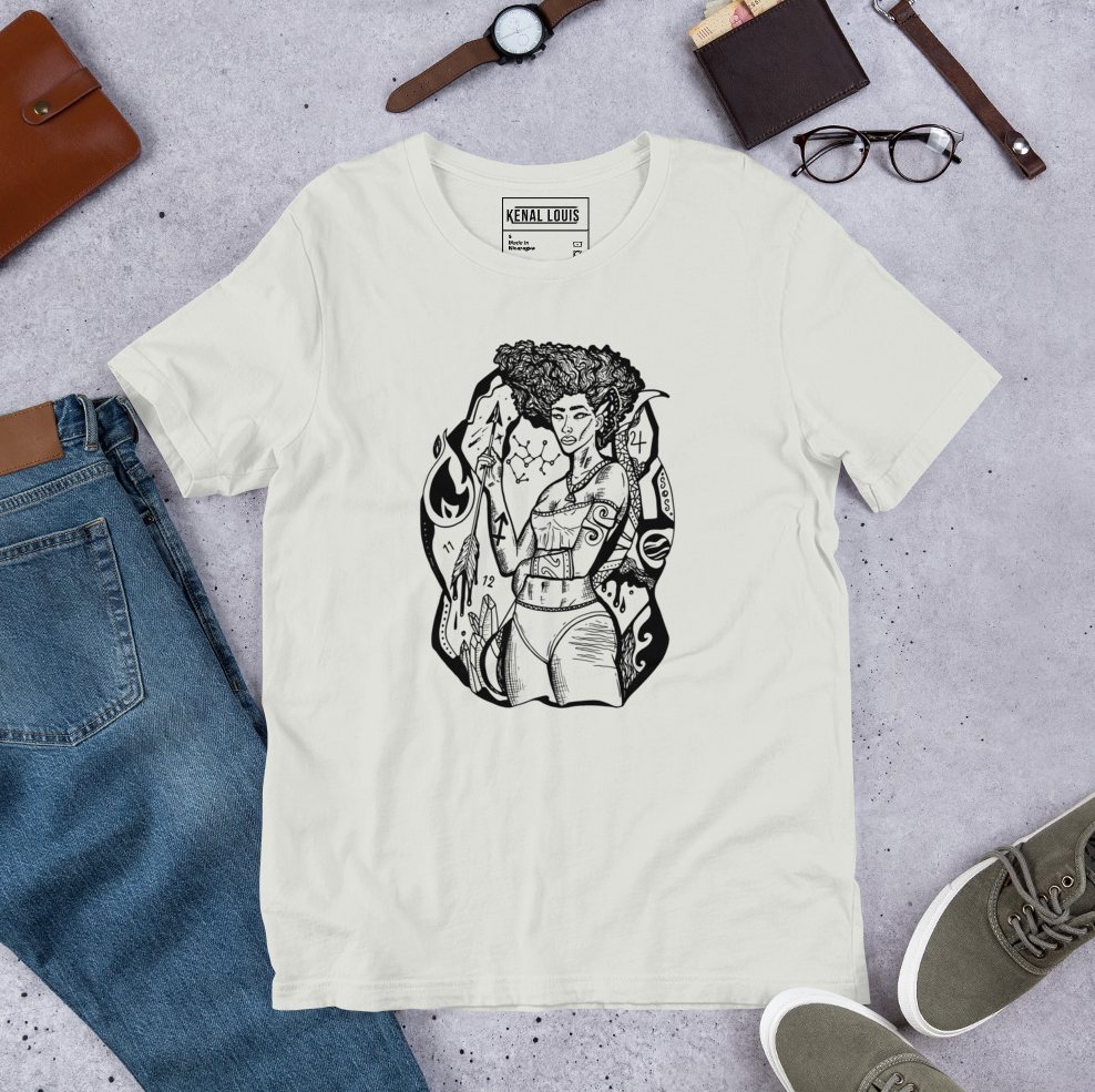 Zodiac art tee showcasing a fierce sagittarius goddess with intricate celestial detailing