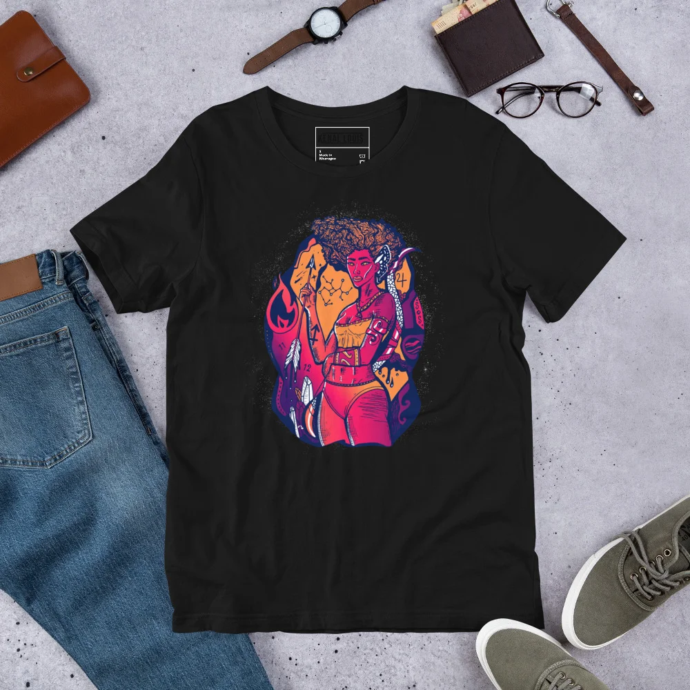 Black sagittarius t-shirt featuring colorful goddess artwork in sunset orange, pink, and blue tones
