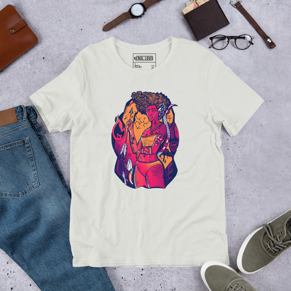 Cream sagittarius t-shirt featuring colorful goddess artwork in sunset palette with orange, pink, and blue tones