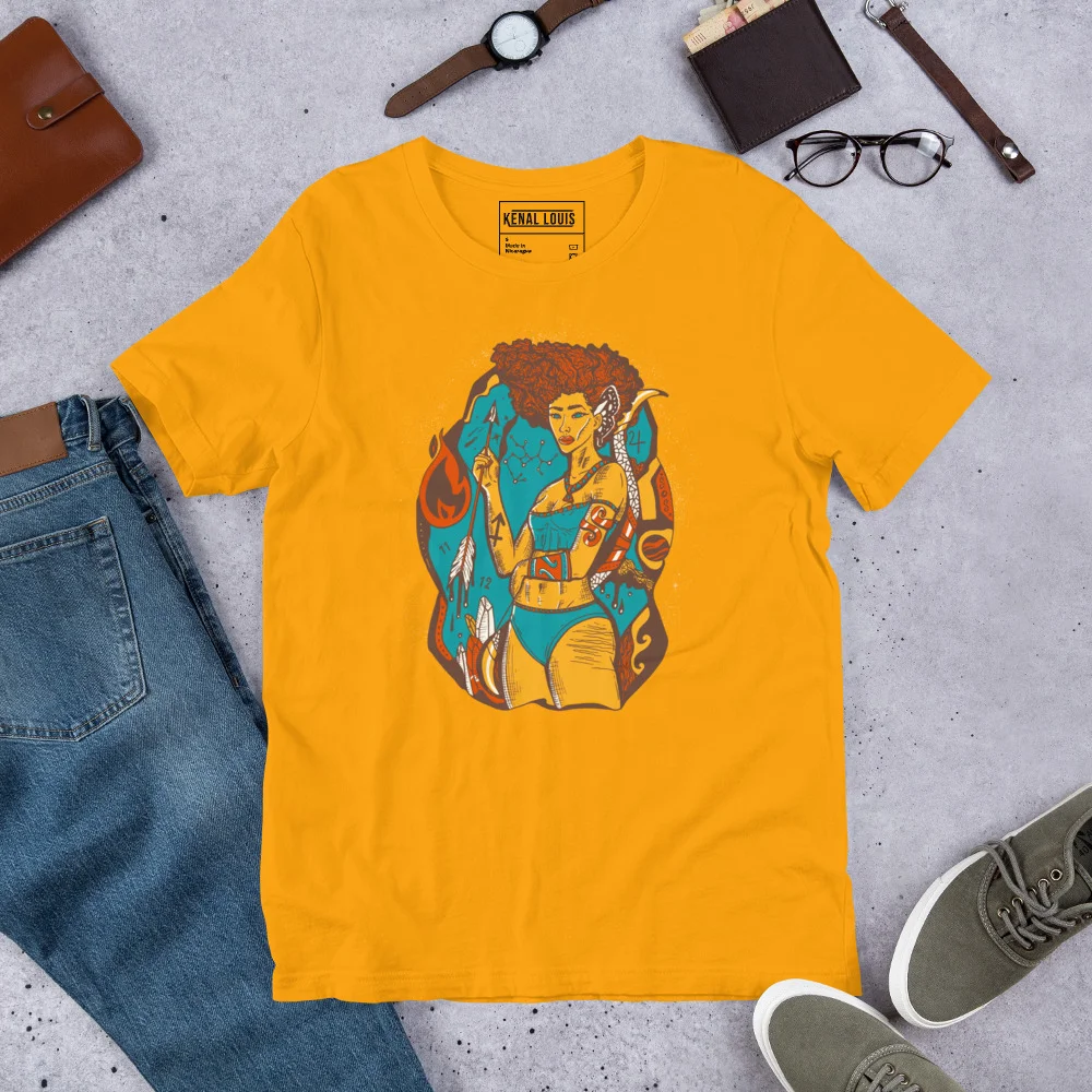 Gold sagittarius t-shirt featuring colorful goddess artwork with celestial details and rich illustration on soft cotton