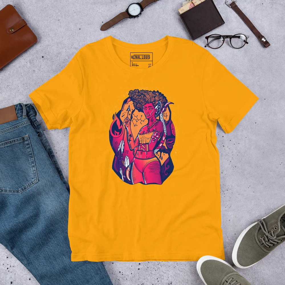Gold Sagittarius t-shirt featuring colorful goddess artwork in sunset palette, displayed flat lay with accessories