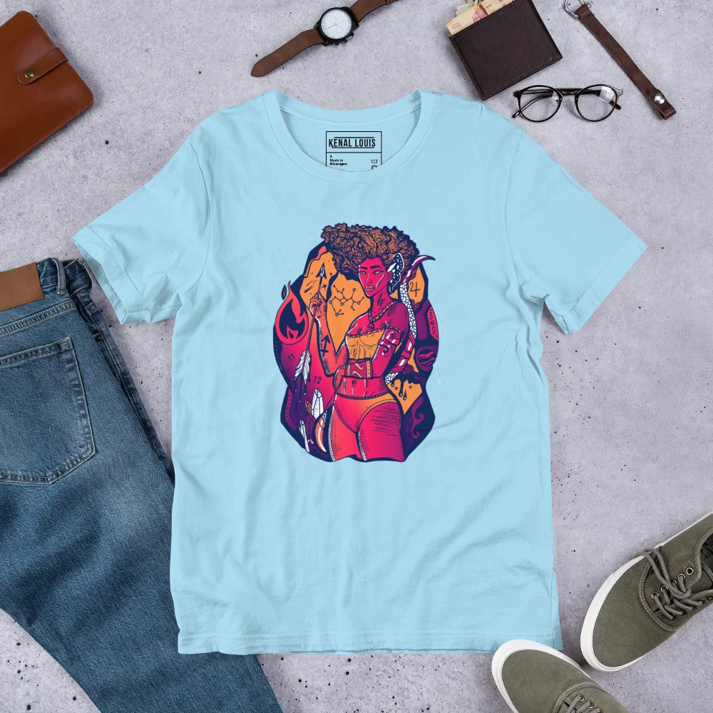 Light blue sagittarius t-shirt featuring a colorful goddess design with orange, red, and purple artwork on a flat lay with accessories