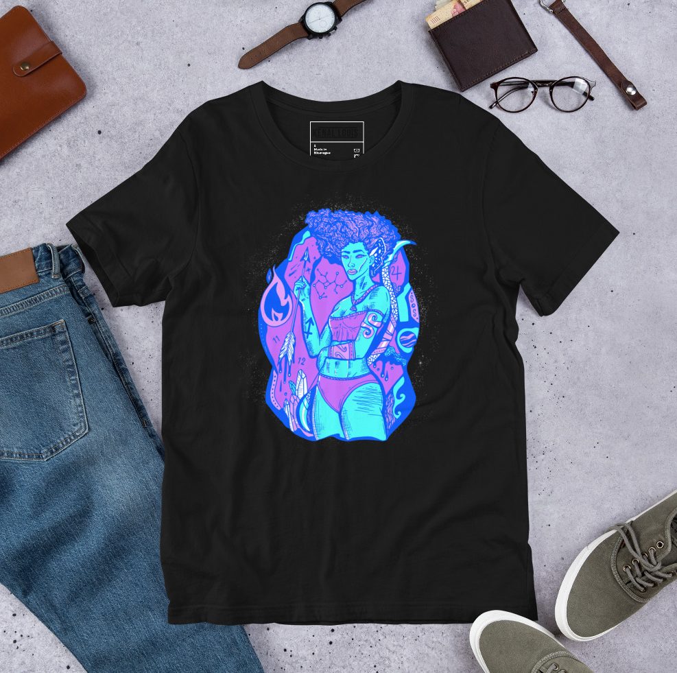 Graphic sagittarius t shirts collection piece with a powerful goddess and archer motif