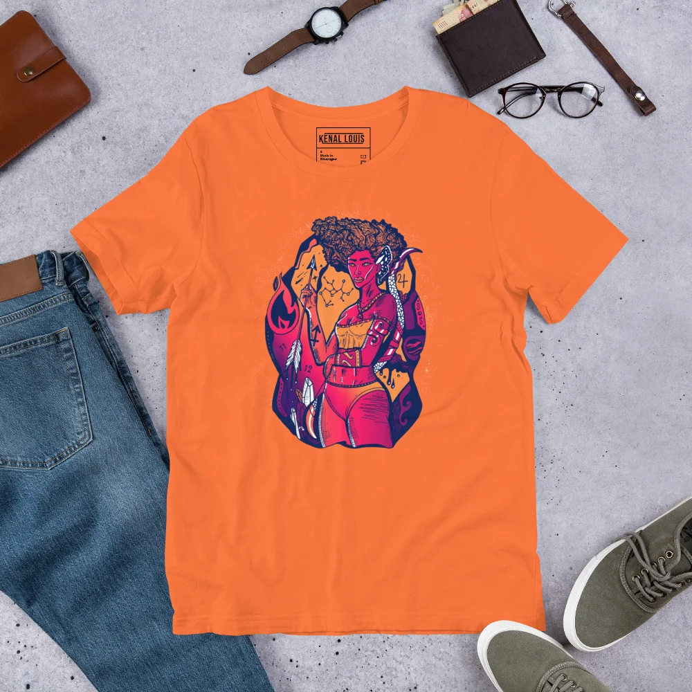 Orange sagittarius t-shirt featuring a colorful goddess illustration with purple and pink accents in flatlay styling