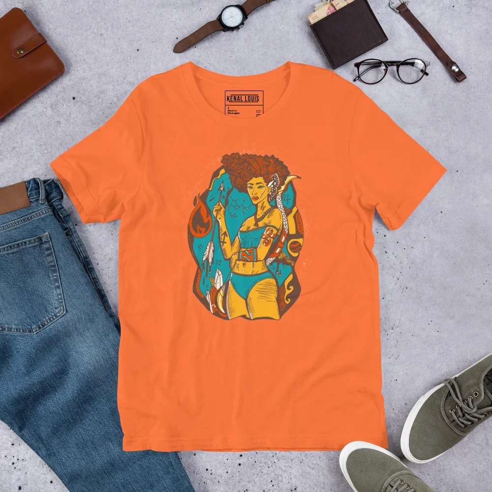 Orange sagittarius t-shirt featuring colorful goddess artwork with teal and gold design details
