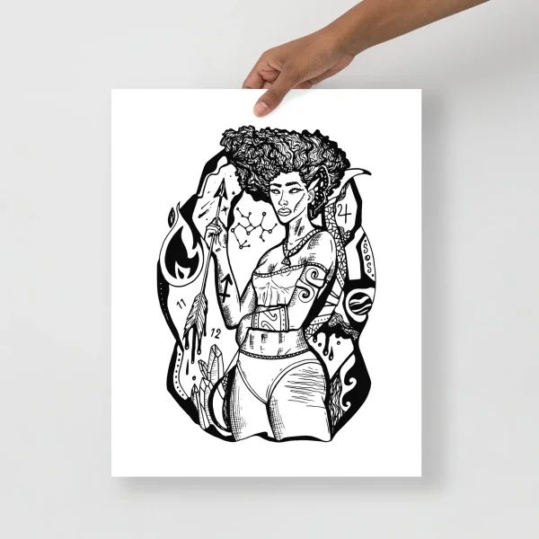 Black ink Sagittarius wall art featuring a goddess with curly hair, celestial symbols, and mystical details on white paper