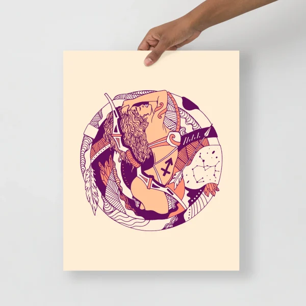 Sagittarius wall art featuring a bearded archer figure with flowing hair in purple and peach tones on cream background
