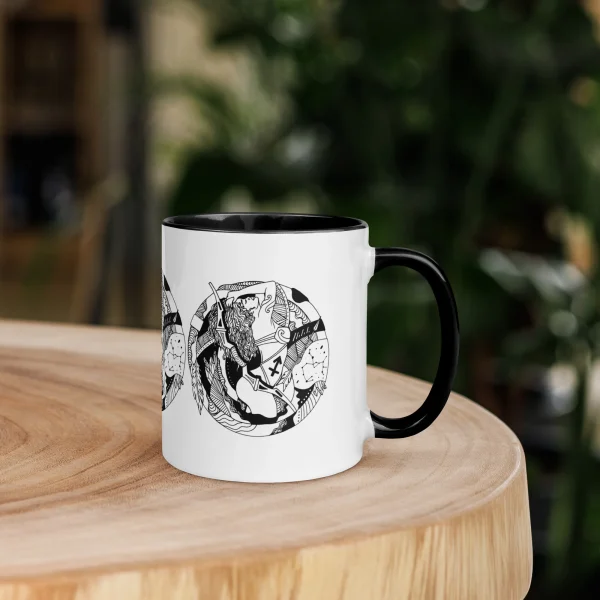 Sagittarius zodiac mug with black interior and handle, featuring intricate line art archer design on white ceramic body