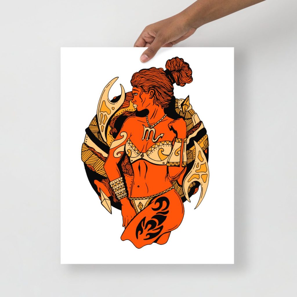 Bold orange scorpio art print showcasing a fierce warrior woman zodiac design