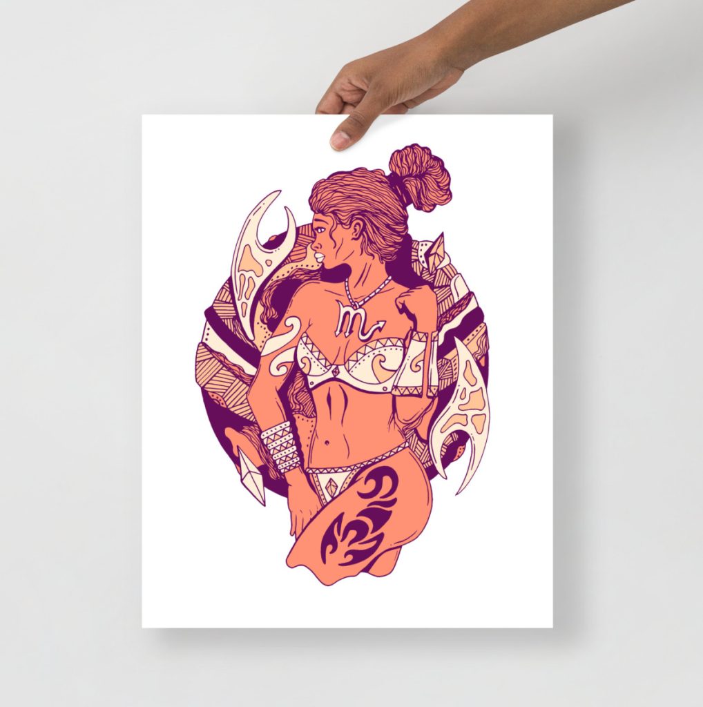 Soft peach scorpio woman art print offering delicate zodiac beauty as wall decor