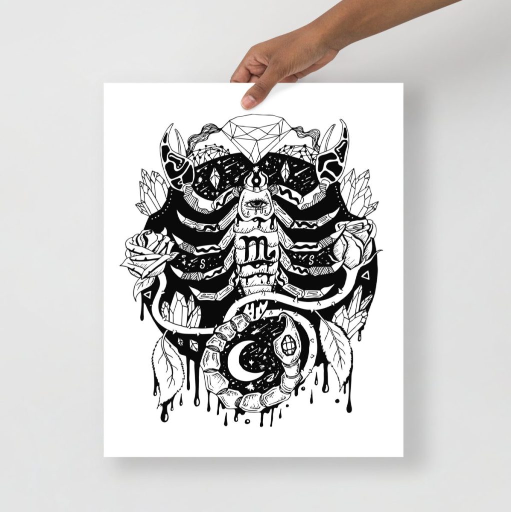 Mystic celestial scorpio art print with cosmic motifs perfect for zodiac enthusiasts