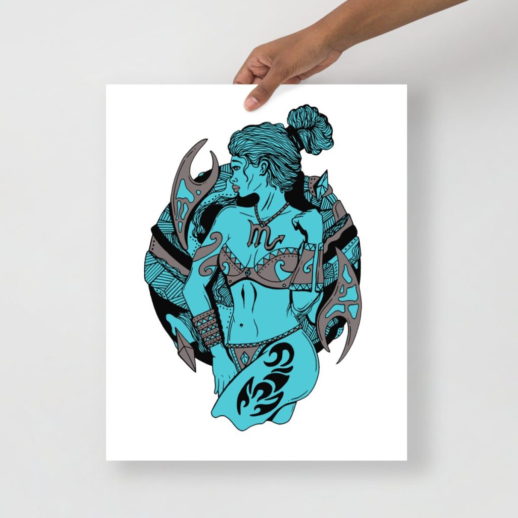 Blue-toned scorpio woman art print with striking zodiac illustration for modern walls