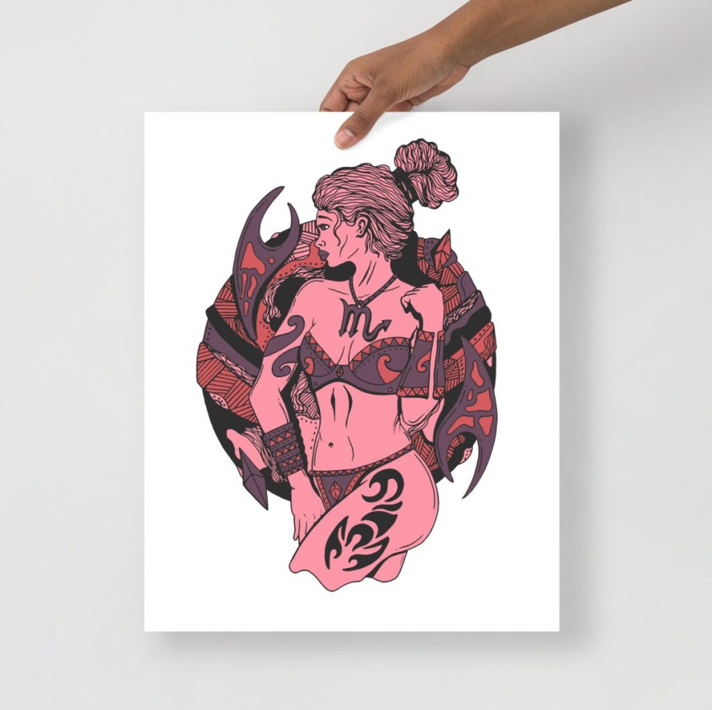 Mauve rose scorpio art print featuring a dreamy zodiac woman in romantic tones